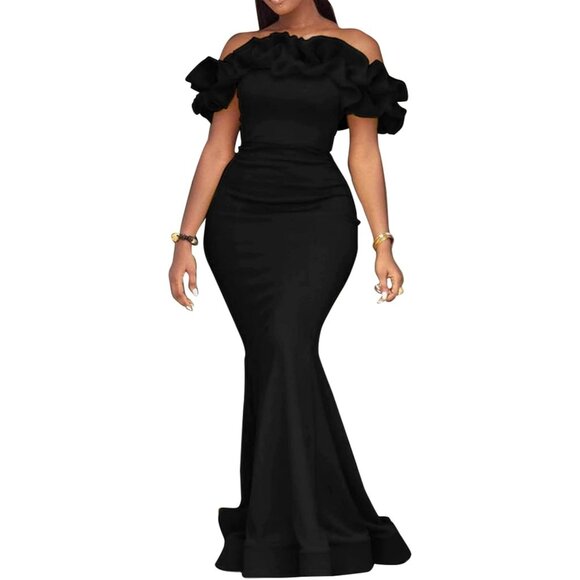 Dresses & Skirts - Women's Black Cololura Sexy Floor-Length Off Shoulder Ruffles Stringy Selvedge